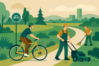 Ilustrácia cyklotrasy s aktivitami údržby ako kosenie a čistenie, s náznakom mesta Senica v pozadí