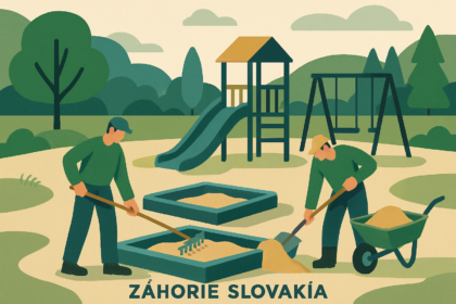 Ilustrácia detského ihriska s pieskoviskom, kde pracovníci vykonávajú výmenu a údržbu piesku.