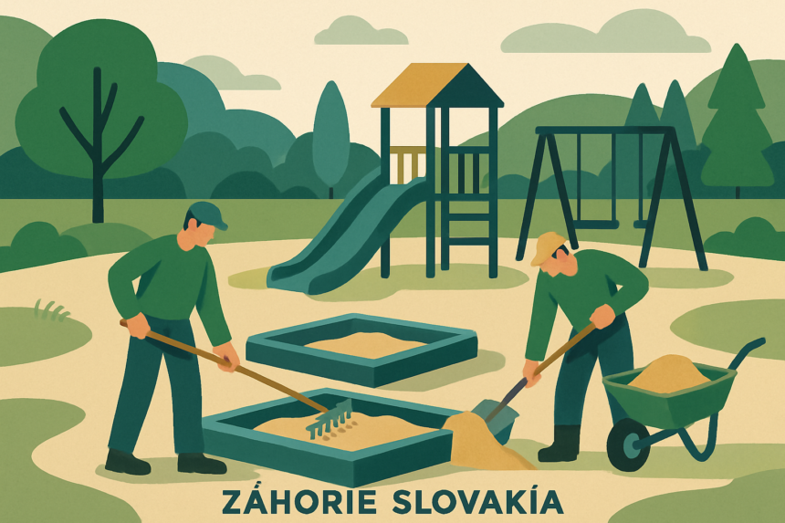 Ilustrácia detského ihriska s pieskoviskom, kde pracovníci vykonávajú výmenu a údržbu piesku.