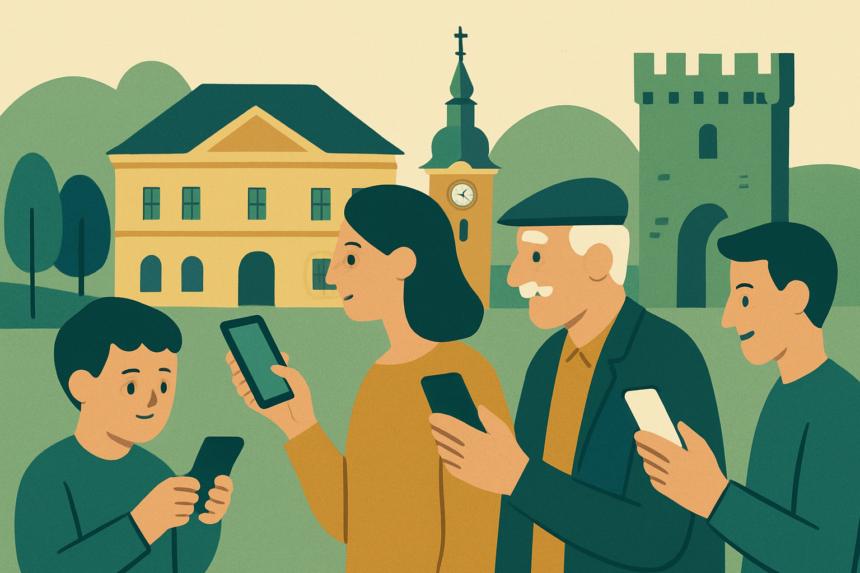 Ilustrácia ľudí rôznych generácií používajúcich smartfóny v historickom prostredí mesta Senica pri interaktívnej hre