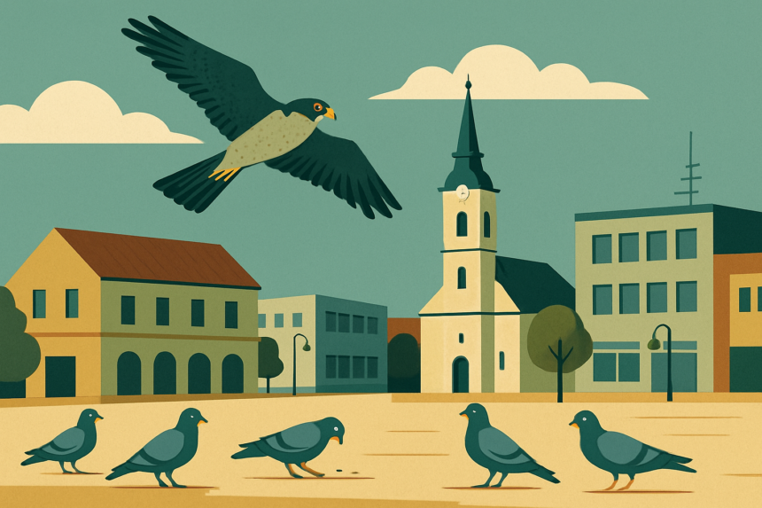 Ilustrácia mestského námestia v Senici s holubmi a lietajúcim sokolom sťahovavým ako symbolom prírodnej kontroly holubov.