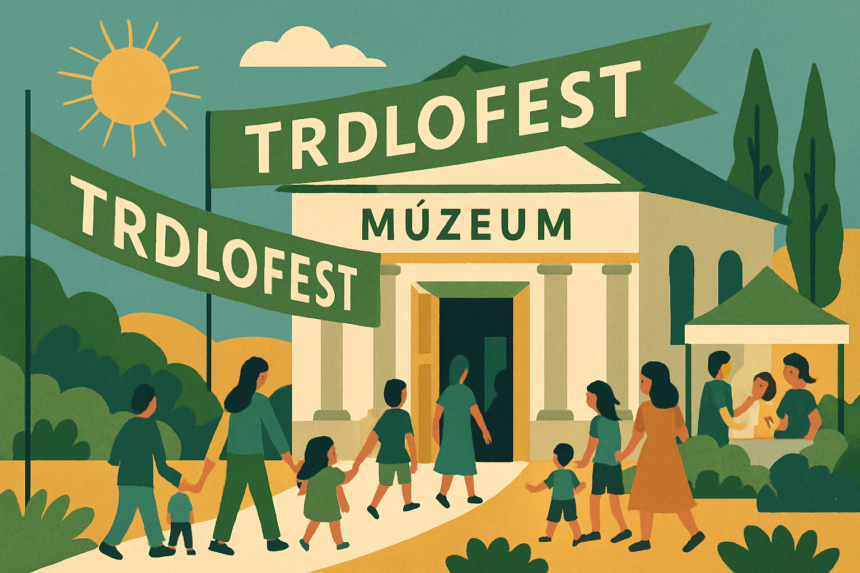 Ilustrácia múzea so široko otvorenými dverami, ľudia vstupujú do múzea, vonku festivalová atmosféra s rodinami a deťmi, transparenty s nápisom Trdlofest, slnečný jarný deň