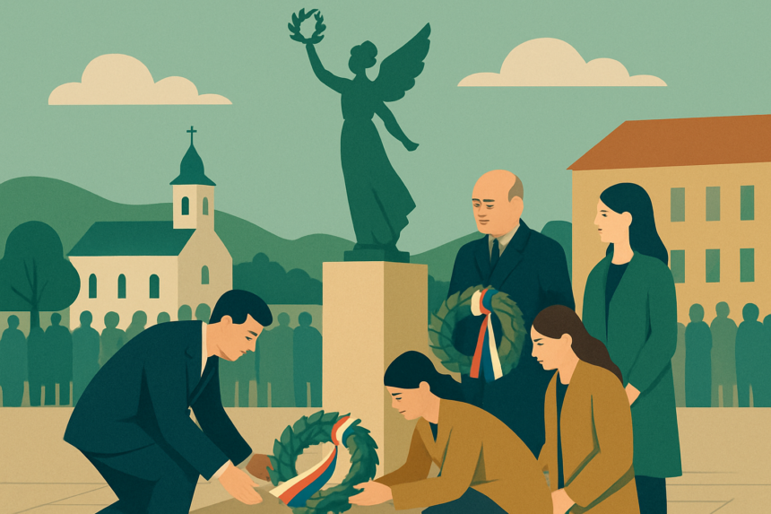 Ilustrácia pietneho aktu kladenia vencov pri soche Víťazstvo na Námestí oslobodenia v Senici pri príležitosti 81. výročia oslobodenia.