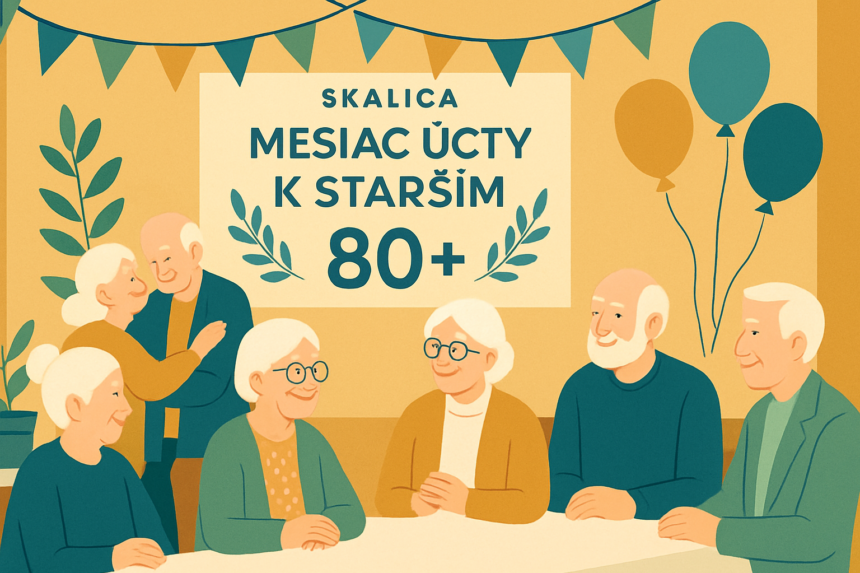 Ilustrácia slávnostného posedenia pre starších ľudí v Skalice počas Mesiaca úcty k starším s dekoráciami v zeleno-modro-ochrovej farbe.