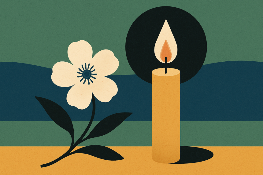 Ilustrácia sviečky a kvetu ako pietny symbol na pamiatku zosnulej pani Anny Potočnej.