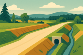 Ilustrácia vidieckej cesty s terénnymi úpravami a valmi na zabránenie zaplavovania, v štýle Záhoria.