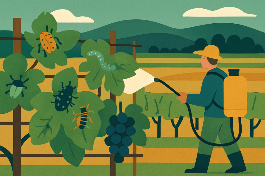 Ilustrácia vinohradu so strapcami hrozna, listami a znázornením ochranného ošetrenia proti škodcom