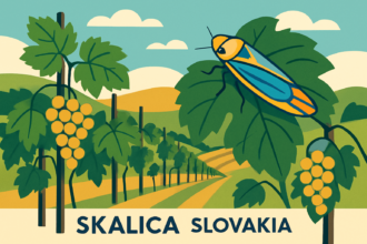 Ilustrácia vinohradu v Skalici so strapcami hrozna a symbolickým znázornením americkej cikády na listoch viniča.