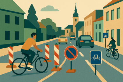 Ilustrácia výstavby cyklotrás v Skalici s cestou, stavebnými zábranami a cyklistami