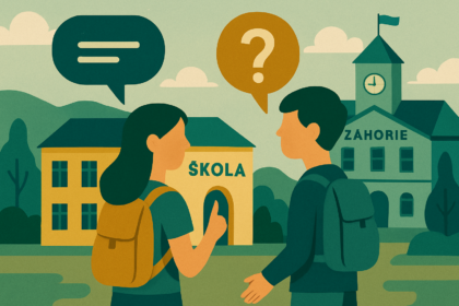 Ilustrácia základnej školy a mestského úradu v Senici s deťmi a symbolmi diskusie