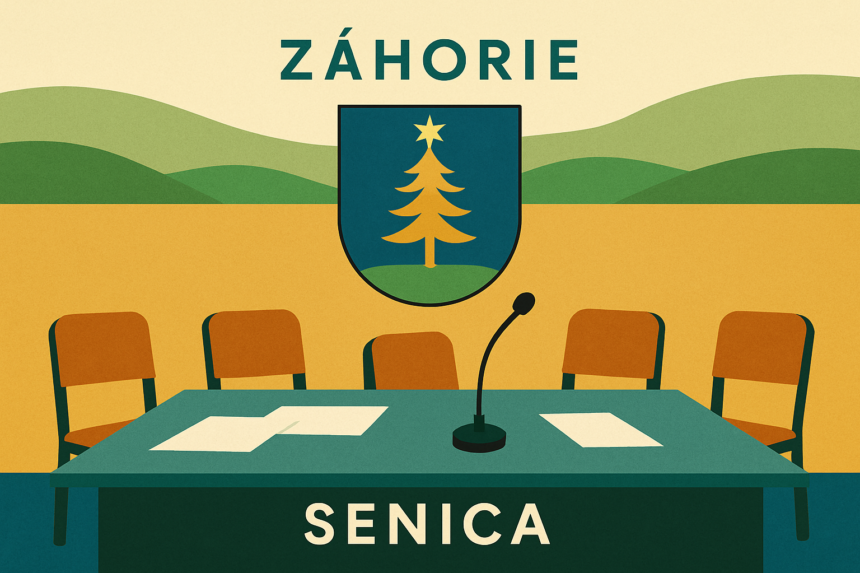 Ilustrácia zasadacej miestnosti mestského zastupiteľstva v Senici s prázdnymi stoličkami, stolom, papiermi a mikrofónom.