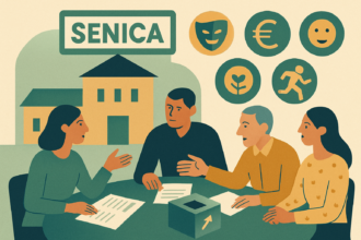 Ilustrácia zasadnutia mestského zastupiteľstva v Senici, kde sa diskutuje o rozdelení dotácií na kultúrne, športové, mládežnícke a environmentálne projekty.
