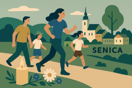 Ilustrácia zobrazujúca komunitné podujatie Míľa pre mamu a pietnu spomienku na koniec druhej svetovej vojny v meste Senica