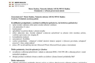 Ilustratívna fotografia oznamu o výberovom konaní na pozíciu príslušníka mestskej polície v Skalici s textom o požiadavkách a termíne podania prihlášok.