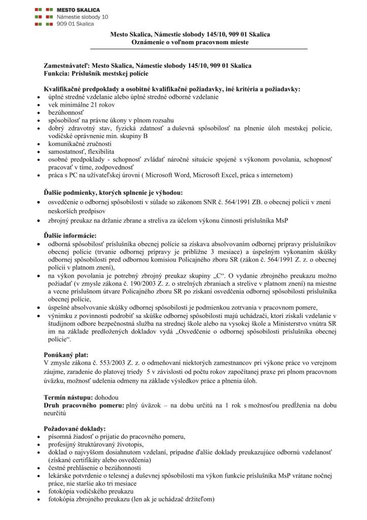 Ilustratívna fotografia oznamu o výberovom konaní na pozíciu príslušníka mestskej polície v Skalici s textom o požiadavkách a termíne podania prihlášok.