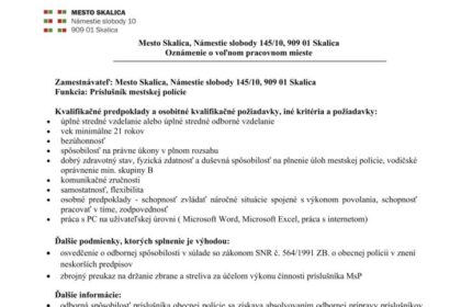 Informačný plagát mesta Skalica o výberovom konaní na pozíciu príslušníka mestskej polície s podmienkami a kontaktmi.