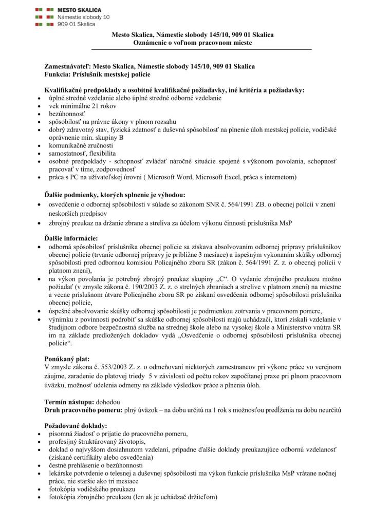 Informačný plagát mesta Skalica o výberovom konaní na pozíciu príslušníka mestskej polície s podmienkami a kontaktmi.