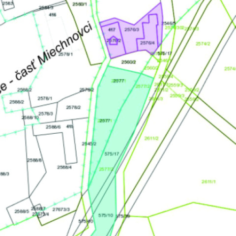 Mapa s parcelnými číslami a hranicami pozemkov v časti Miechnovce vrátane označenia budovy s číslom 417, relevantná pre verejnú súťaž na predaj nehnuteľností vo Vrbovciach.