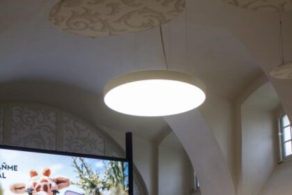 Muž na pódiu hovorí do mikrofónu počas festivalu EKOTOPFILM v Holíči, v pozadí veľké plátno s nápisom festivalu a obrázkom žirafy.