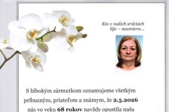 Oznam o úmrtí Oľgy Pőstenyiovej, rodenej Gubricovej, s dátumom úmrtia 2. mája 2026 vo veku 68 rokov a informáciami o poslednej rozlúčke v Dome smútku v Senici.