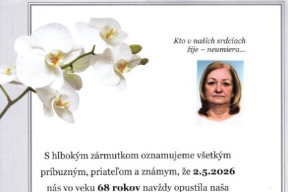 Oznam o úmrtí Oľgy Pőstenyiovej, rodenej Gubricovej, s dátumom úmrtia 2. mája 2026 vo veku 68 rokov a informáciami o poslednej rozlúčke v Dome smútku v Senici.