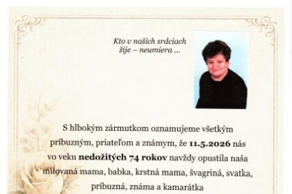 Oznámenie o úmrtí Eleny Krčovej, rod. Štefancovej zo Senice, s informáciami o dátume úmrtia a poslednej rozlúčke v Dome smútku v Senici.