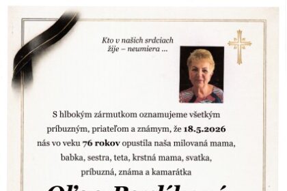Oznámenie o úmrtí Oľgy Pavlíkovej, rodenej Šperkovej, s informáciami o dátume úmrtia, veku a poslednej rozlúčke v Dome smútku v Šajdíkových Humenciach.