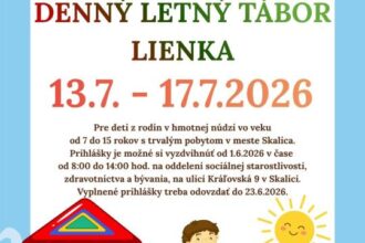 Plagát denného letného tábora Lienka v Skalici s informáciami o dátume, vekovej kategórii detí a termínoch prihlášok.