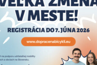 Plagát kampane Do práce na bicykli v meste Senica s informáciami o registrácii do 7. júna 2026 a možnosťou vyhrať elektrické bicykle a ďalšie ceny.