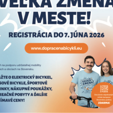 Plagát kampane Do práce na bicykli v meste Senica s informáciami o registrácii do 7. júna 2026 a možnosťou vyhrať elektrické bicykle a ďalšie ceny.