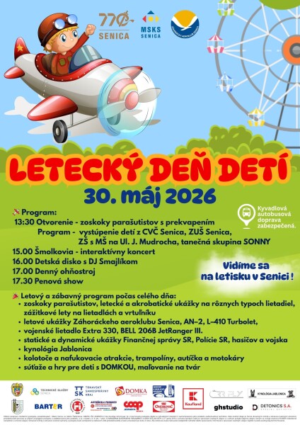 Plagát Leteckého dňa detí 2026 v Senici s programom a dátumom podujatia na letisku.