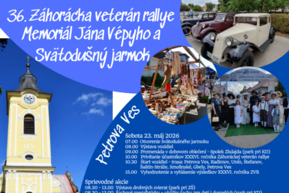 Plagát oznamujúci 36. Záhorácku veterán rallye a Sväto-dušný jarmok v Petrova Vsi s dátumom a programom podujatí.