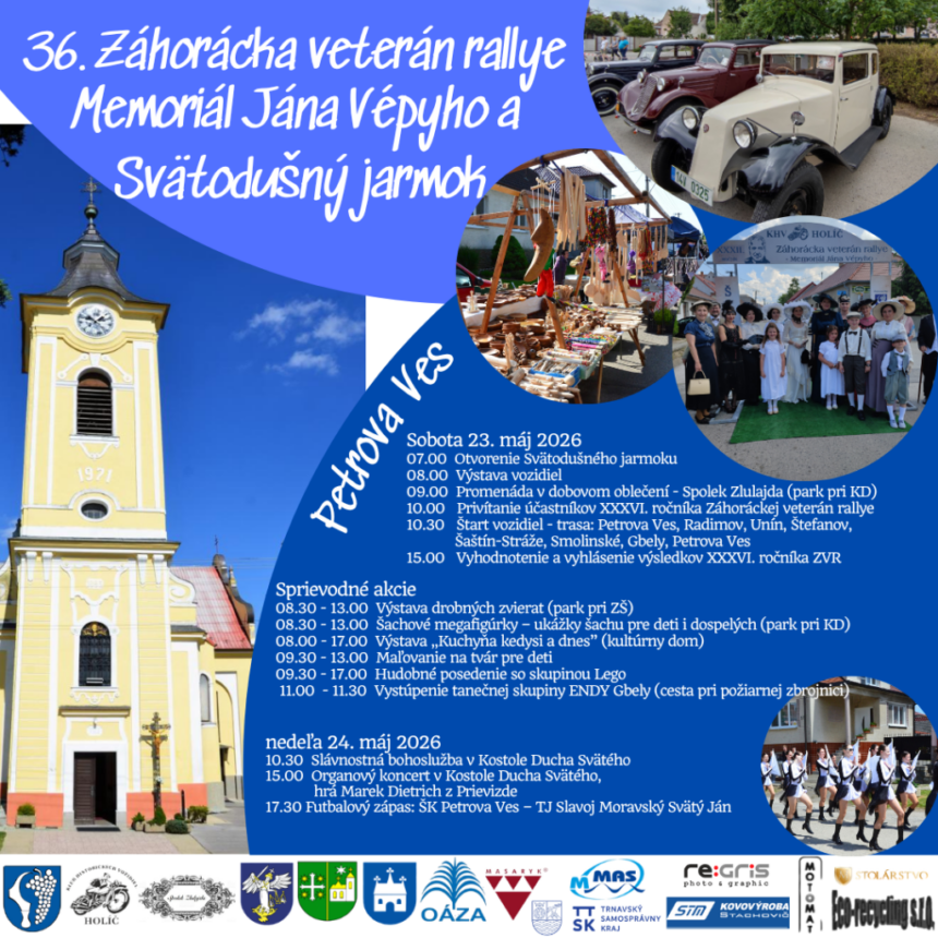 Plagát oznamujúci 36. Záhorácku veterán rallye a Sväto-dušný jarmok v Petrova Vsi s dátumom a programom podujatí.