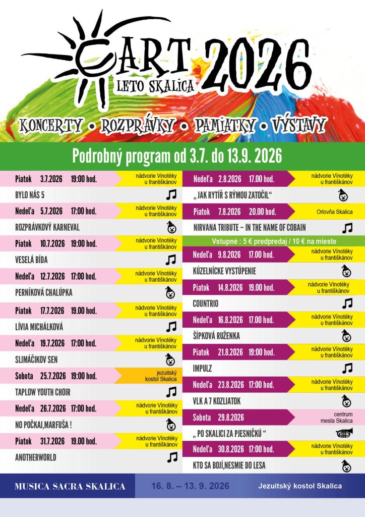 Plagát podujatia ART leto Skalica 2026 s programom koncertov a divadelných predstavení od júla do septembra v Skalici.