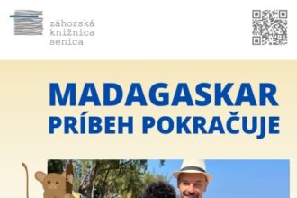 Plagát podujatia Beseda o Madagaskare so známym cestovateľom Jaroslavom Sabom v Záhorskej knižnici v Senici s dátumom a časom konania.