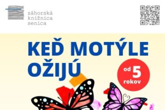 Plagát podujatia Kreatívna dielnička v Záhorskej knižnici Senica s názvom Keď motýle ožijú, s informáciami o dátume, čase a mieste konania, určený pre deti od 5 rokov.