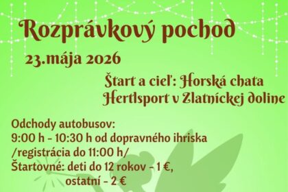Plagát podujatia Rozprávkový pochod v Skalici 2026 s dátumom 23. mája, miestom štartu a cieľa Horská chata Hertlsport v Zlatníckej doline a informáciami o registrácii a štartovnom.