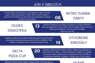 Plagát s letnými podujatiami v Gbeloch na jún 2026 vrátane Retro Zumba párty, Oldies diskotéky, futbalových turnajov a kultúrnych akcií.