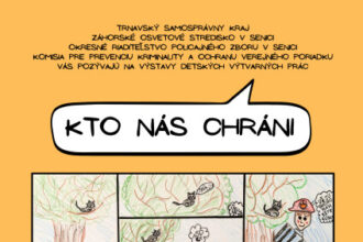 Plagát výstavy detských výtvarných prác "Kto nás chráni 2026" v Senici s dátumami a informáciami o podujatí.