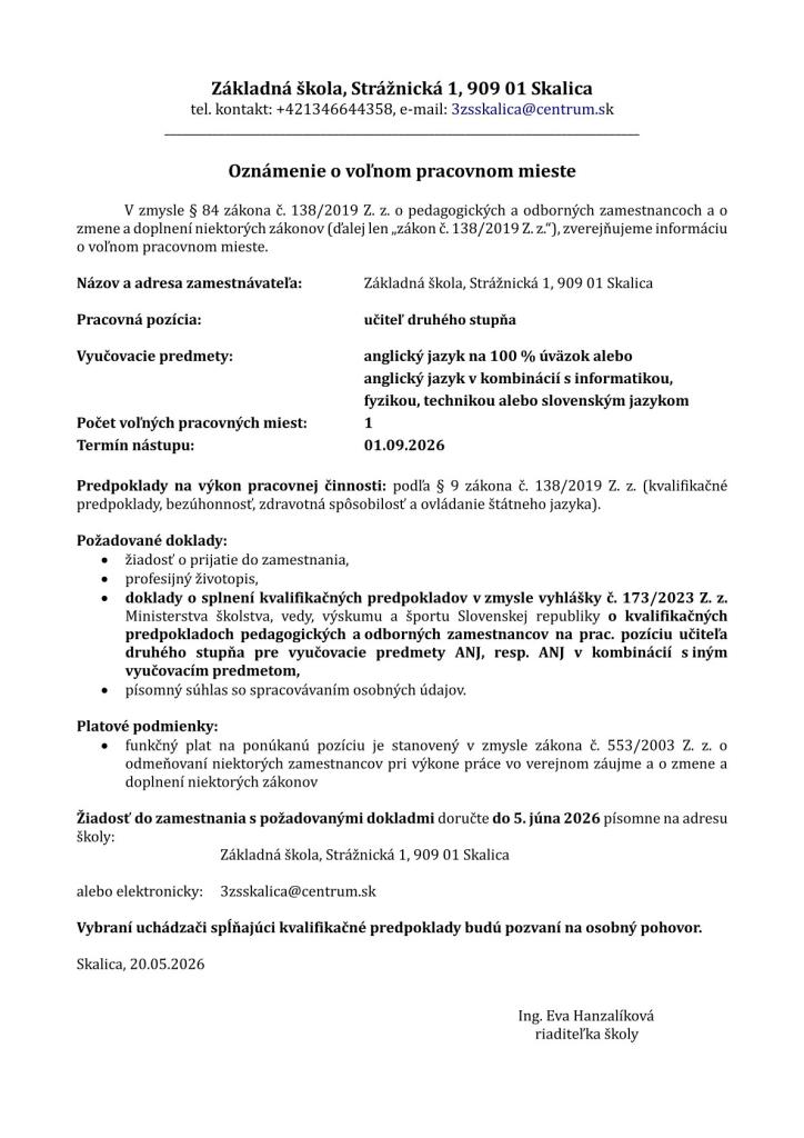 Plagát Základnej školy na Strážnickej v Skalici s informáciami o voľnom pracovnom mieste učiteľa anglického jazyka pre druhý stupeň.