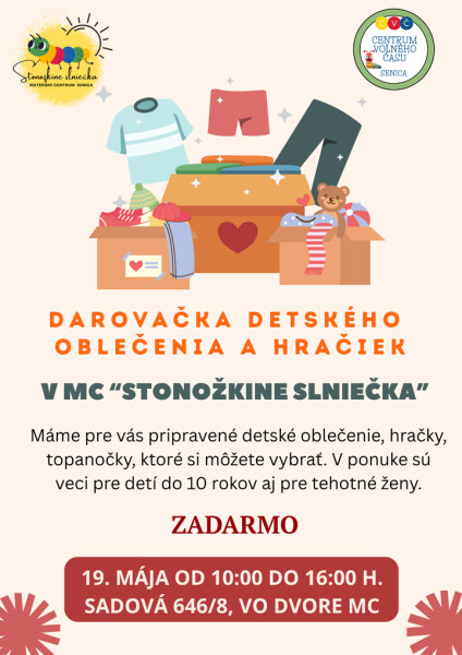 Pozvánka na darovačku detského oblečenia a hračiek v Senici, ktorá sa koná 19. mája 2026 v Materskom centre Stonožkine slniečka, s informáciami o čase, mieste a bezplatnom vstupe.