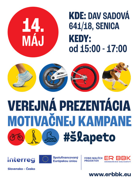Pozvánka na verejné podujatie kampane #šlapeto v Senici 14. mája 2026 od 15:00 do 17:00, s informáciami o mieste a čase konania.