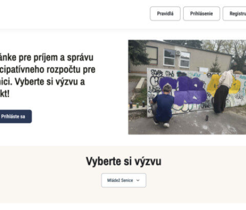 Webová stránka s informáciami o participatívnom rozpočte pre mladých v Senici, obsahujúca text a grafiku s graffiti.