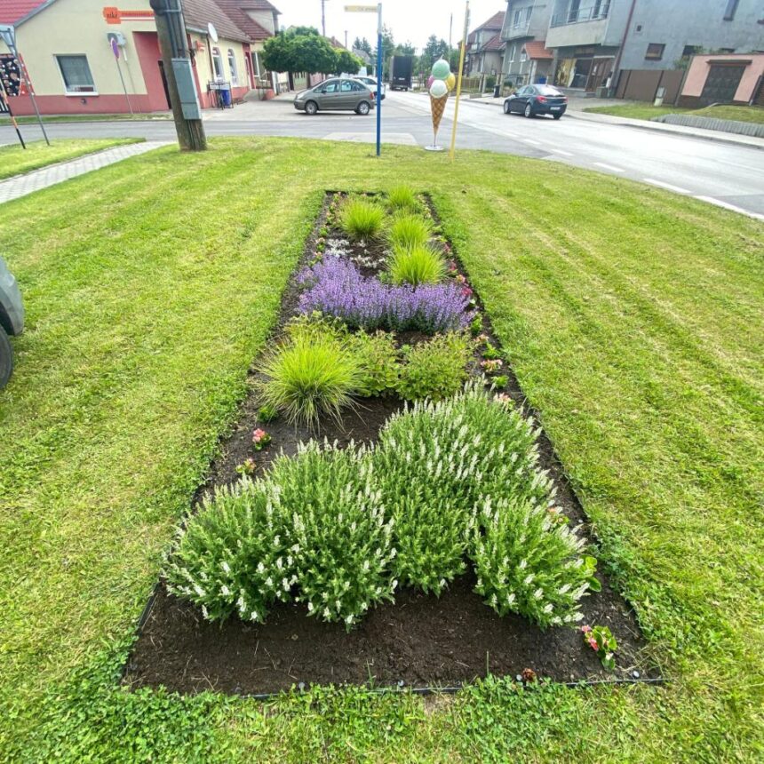 Záhon s farebnými kvetmi a trávou na trávnatej ploche v Gbeloch, v pozadí vidieť budovy a cestu.