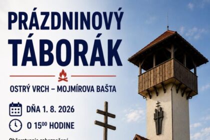 Banner podujatia Prázdninový táborák na Ostrom vrchu v Gbeloch s informáciami o dátume, čase, programe pre deti a občerstvení.