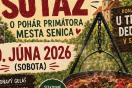 Banner súťaže vo varení guláša o pohár primátora mesta Senica s informáciami o podujatí, dátume a programe.