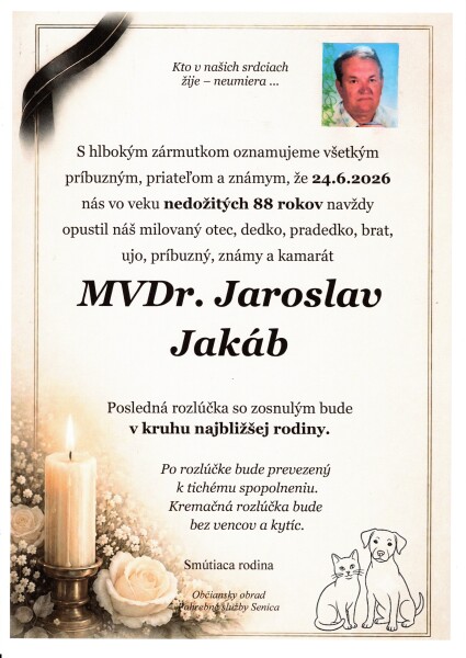 Čiernobiela fotografia MVDr. Jaroslava Jakába, zosnulého muža vo veku 88 rokov, portrét na smútočné oznámenie.