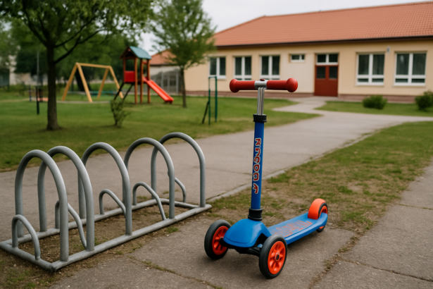 Detská trojkolesová kolobežka zaparkovaná pri stojane na bicykle pred materskou školou v Gbeloch počas dňa.