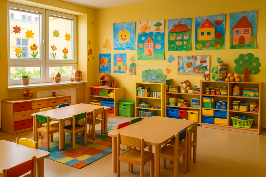Farebná a útulná trieda materskej školy v Skalici s detskými stolíkmi, hračkami a výtvarnými prácami na stenách, vytvárajúca príjemné prostredie pre výchovu a vzdelávanie detí.
