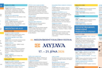 Folklórne vystúpenie na Medzinárodnom folklórnom festivale v Myjave, scéna s ľudovými tancami a tradičnými krojmi v exteriéri pred reštauráciou počas festivalu.